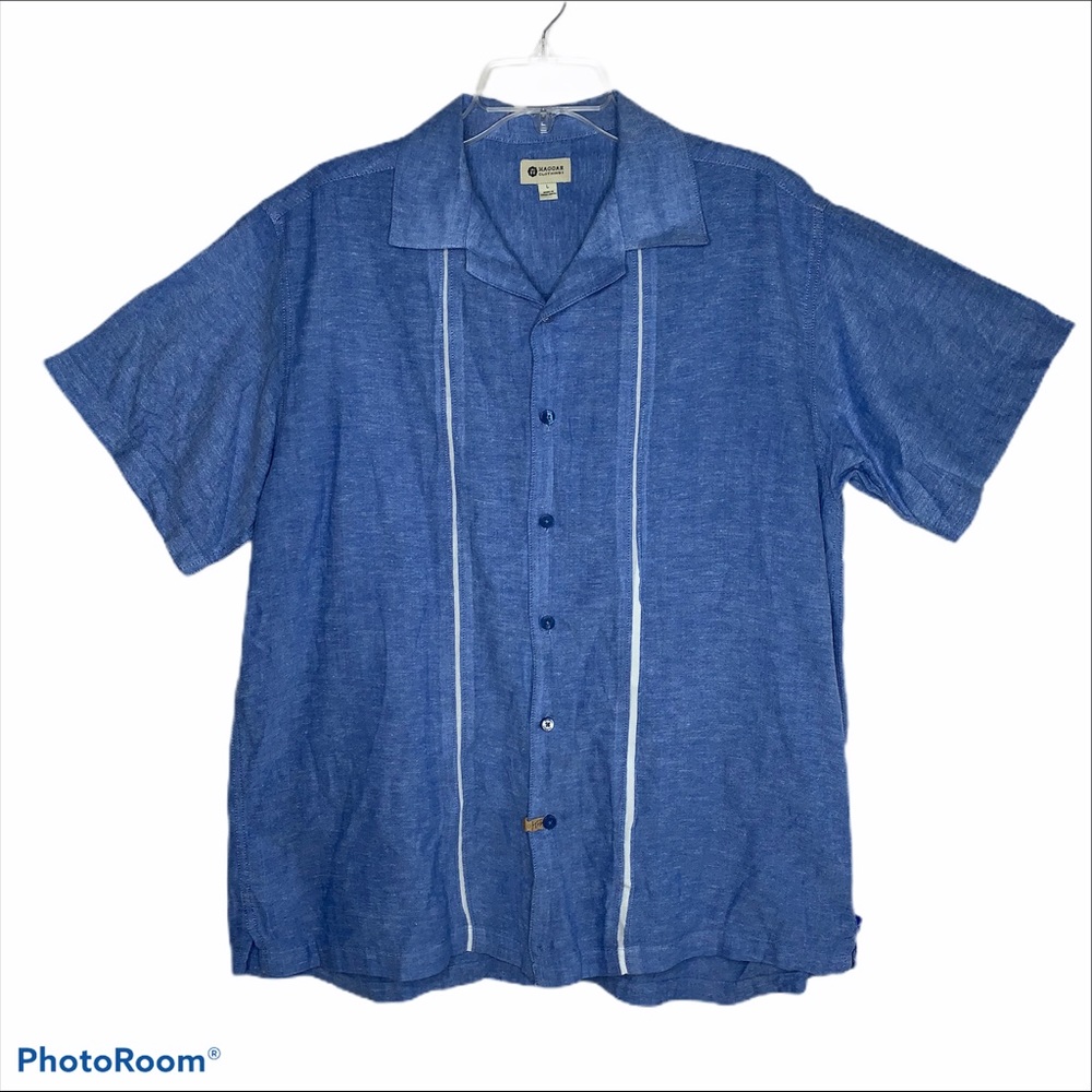 Haggar size LARGE linen blend shirt beach camp button up blue beach resort